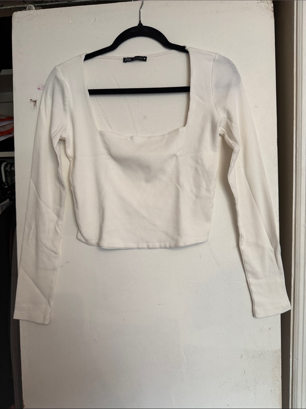Zara Cream Square-Neck Long Sleeve Crop Top